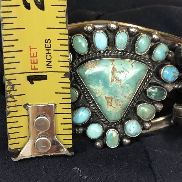 Navajo Indian 70 grams Sterling Silver Turquoise Cluster Bracelet Signed - Picture 13 of 16